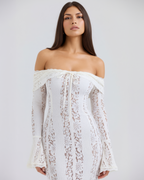 Cream Floral Lace Off-Shoulder Godet Maxi Dress – Dramatic Wedding Guest Evening Gown