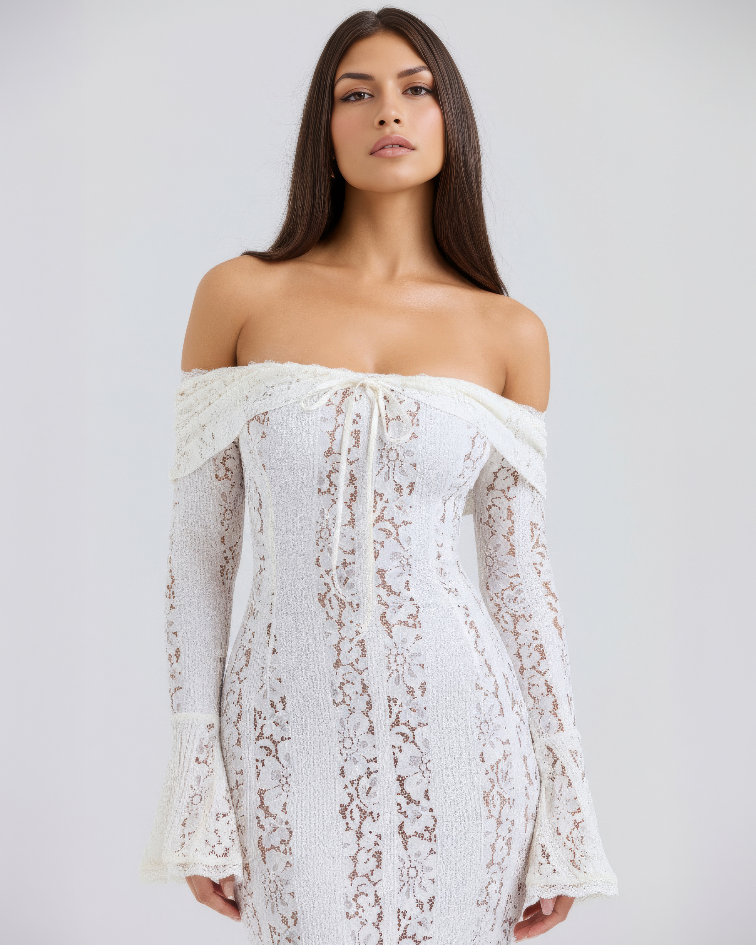 Cream Floral Lace Off-Shoulder Godet Maxi Dress – Dramatic Wedding Guest Evening Gown