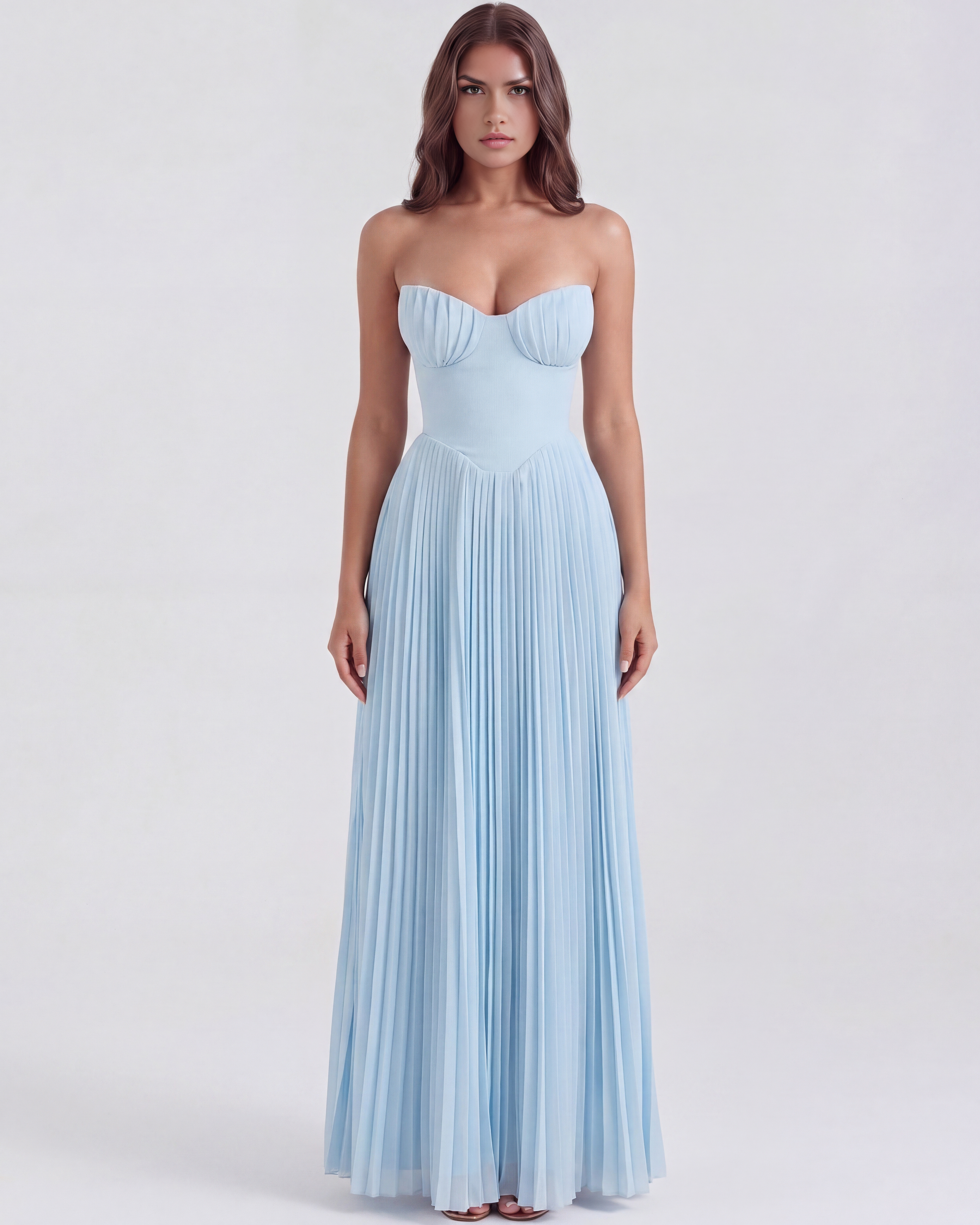 Babyblauw georgette geplooid galajurk met baleinen – Dromerige formele jurk voor bruiloftsgasten