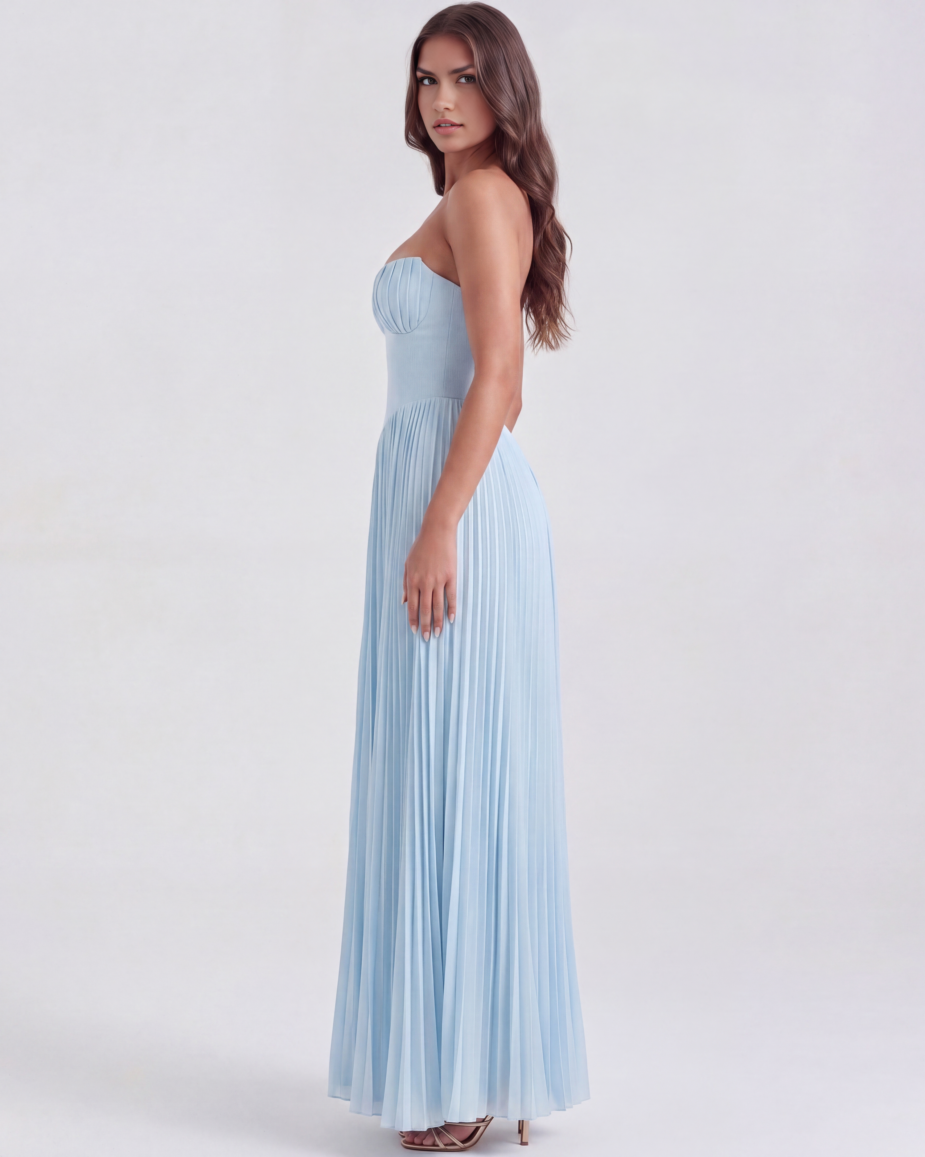 Babyblauw georgette geplooid galajurk met baleinen – Dromerige formele jurk voor bruiloftsgasten