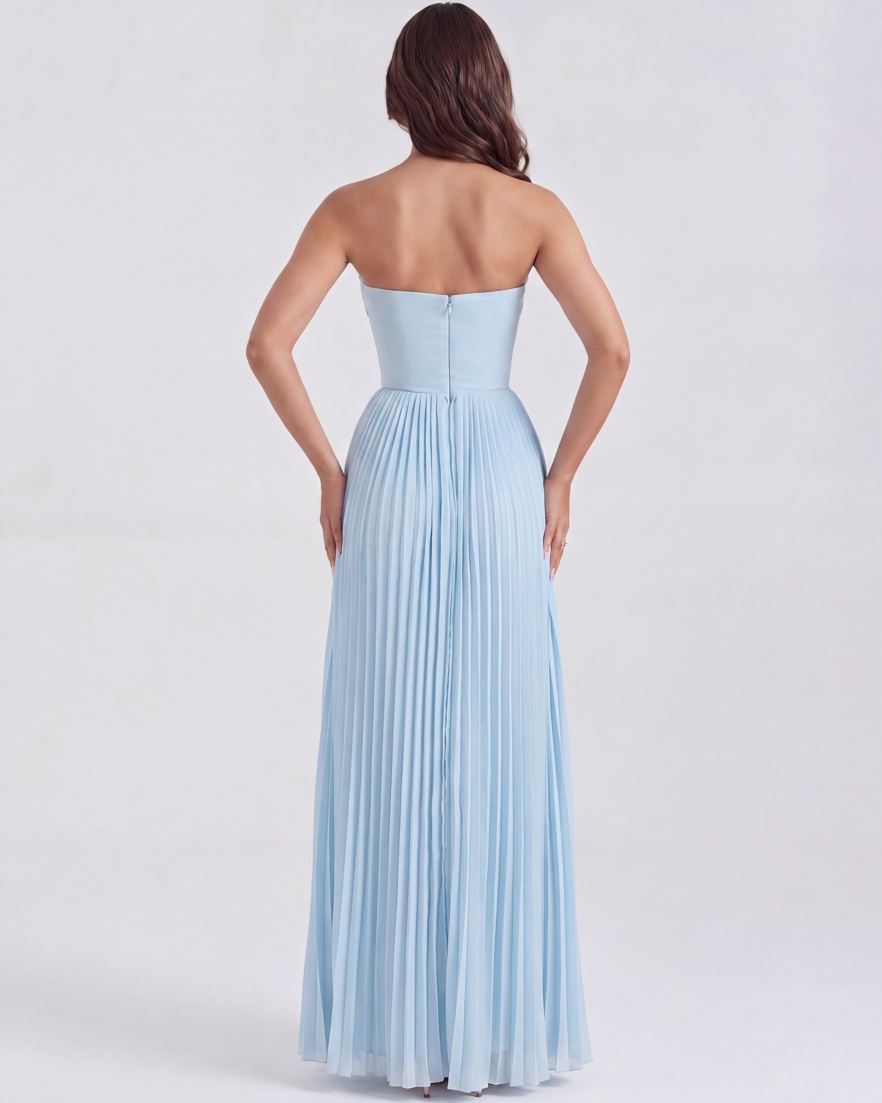 Babyblauw georgette geplooid galajurk met baleinen – Dromerige formele jurk voor bruiloftsgasten