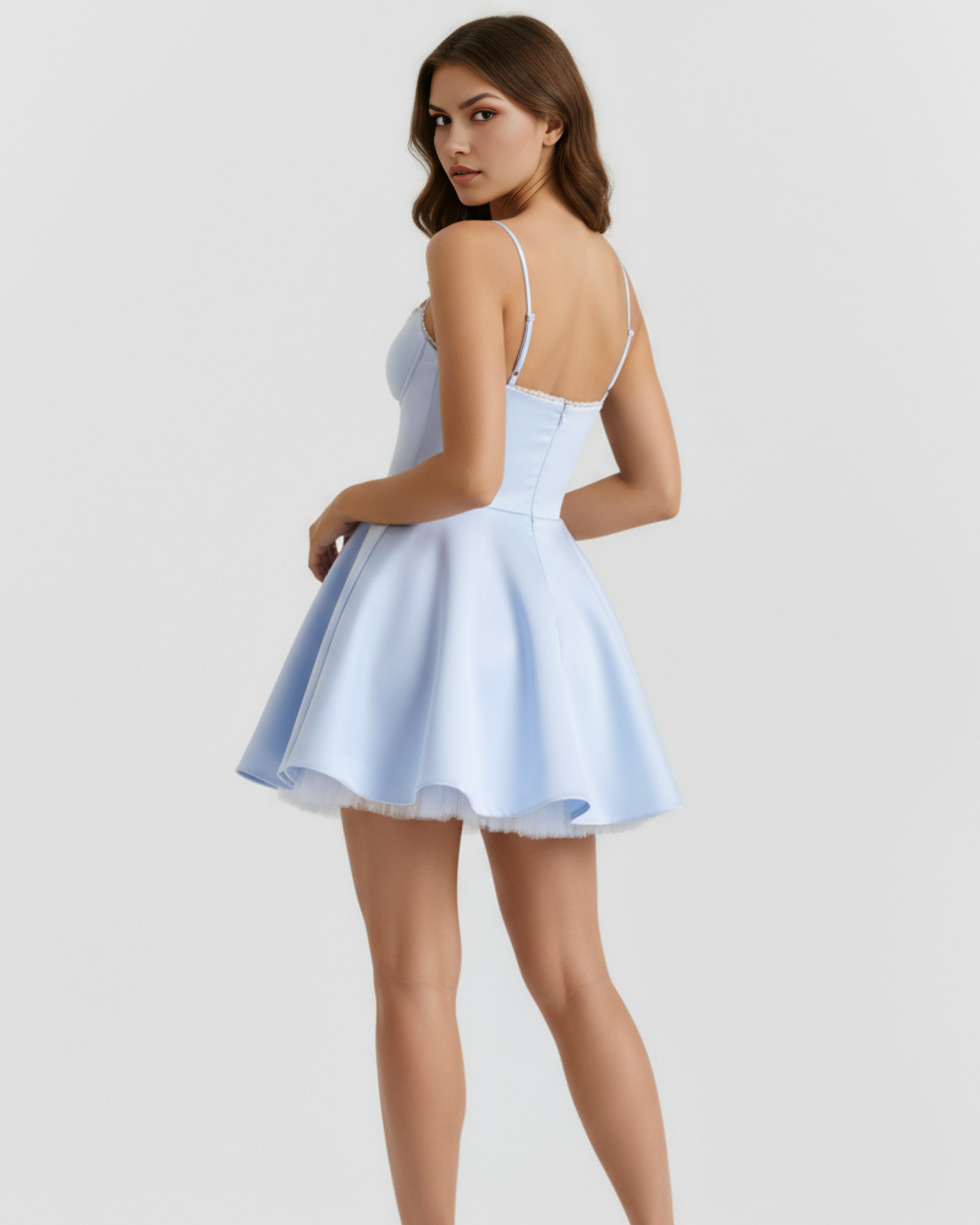Baby Blue Boned Sweetheart Tulle Mini Jurk met Zakken – Romantische Bruiloftsgasten Feestjurk
