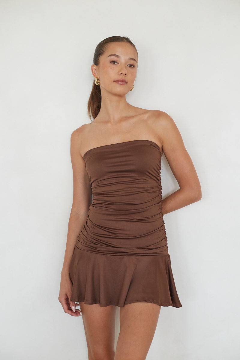 Strapless Ruched Bodycon Ruffle Hem Mini Dress – Chic Bridesmaid Wedding Guest Party Outfit