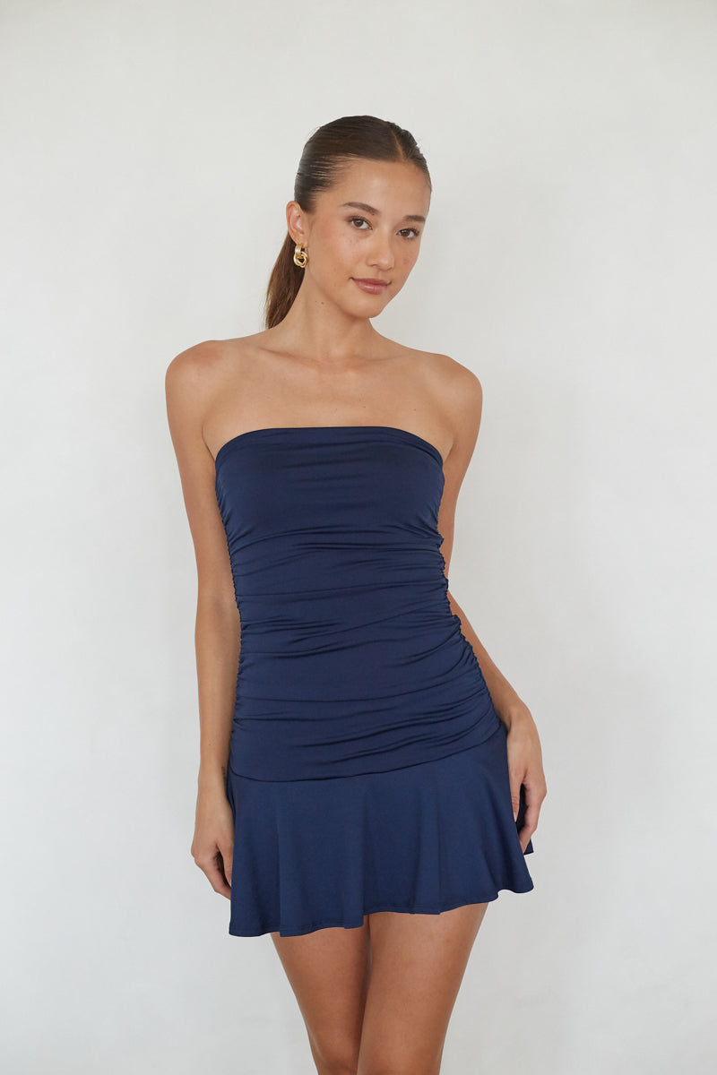 Strapless Ruched Bodycon Ruffle Hem Mini Dress – Chic Bridesmaid Wedding Guest Party Outfit