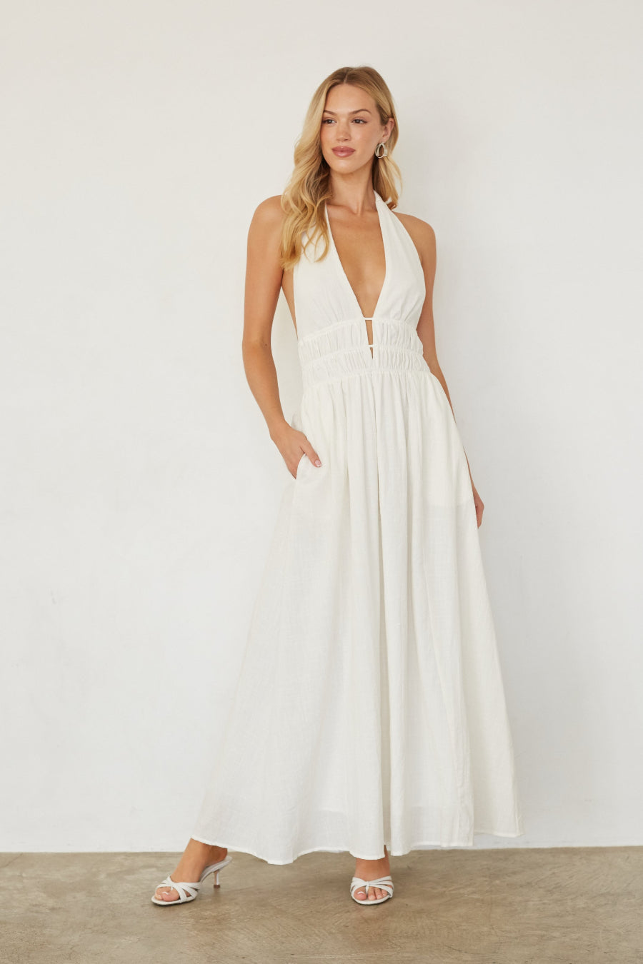 Linen Halter Maxi Dress – Summer Wedding Guest Gown & Casual Formal Dress