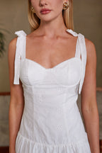 White Cotton Eyelet Bow Strap Drop Waist Fit & Flare Mini Dress – Chic Bridesmaid Wedding Guest Outfit