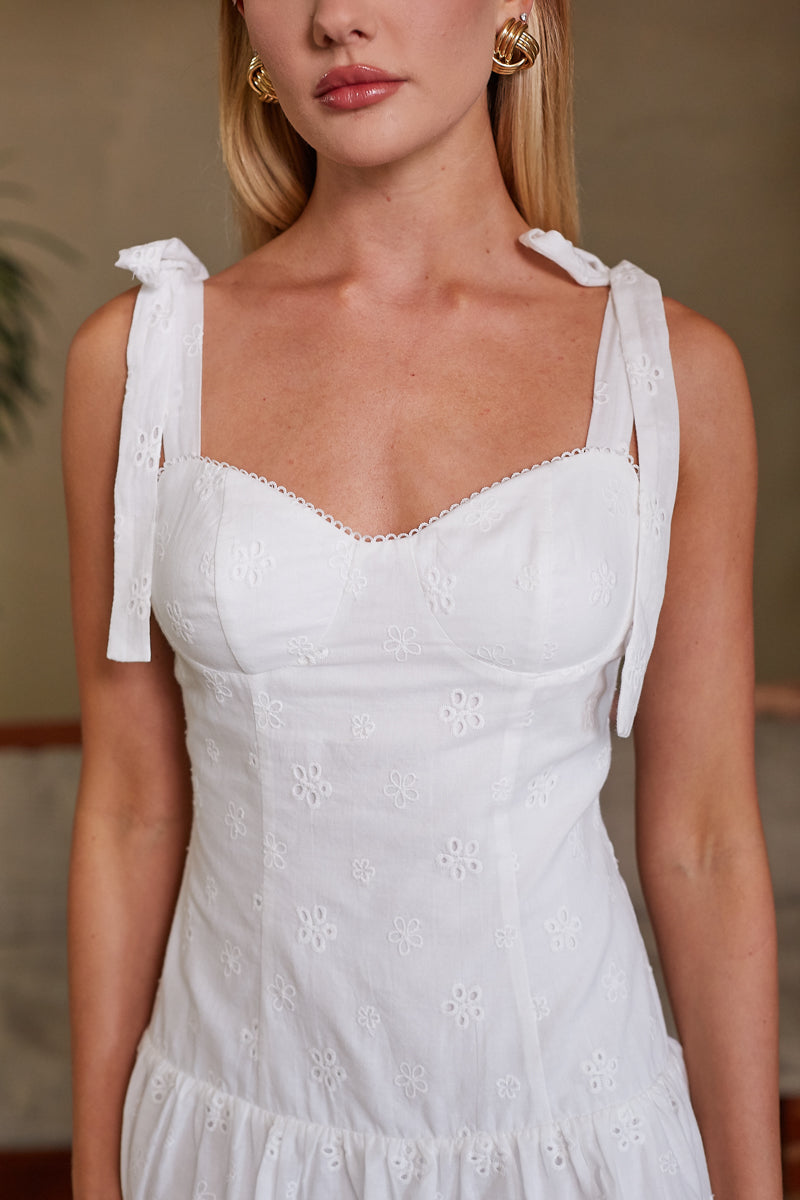 White Cotton Eyelet Bow Strap Drop Waist Fit & Flare Mini Dress – Chic Bridesmaid Wedding Guest Outfit