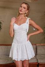 White Cotton Eyelet Bow Strap Drop Waist Fit & Flare Mini Dress – Chic Bridesmaid Wedding Guest Outfit