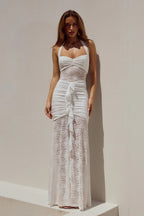 White Halter Neck Lace Ruched Slit Maxi Dress – Elegant Bridesmaid Wedding Guest Gown