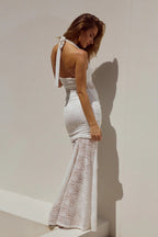 White Halter Neck Lace Ruched Slit Maxi Dress – Elegant Bridesmaid Wedding Guest Gown