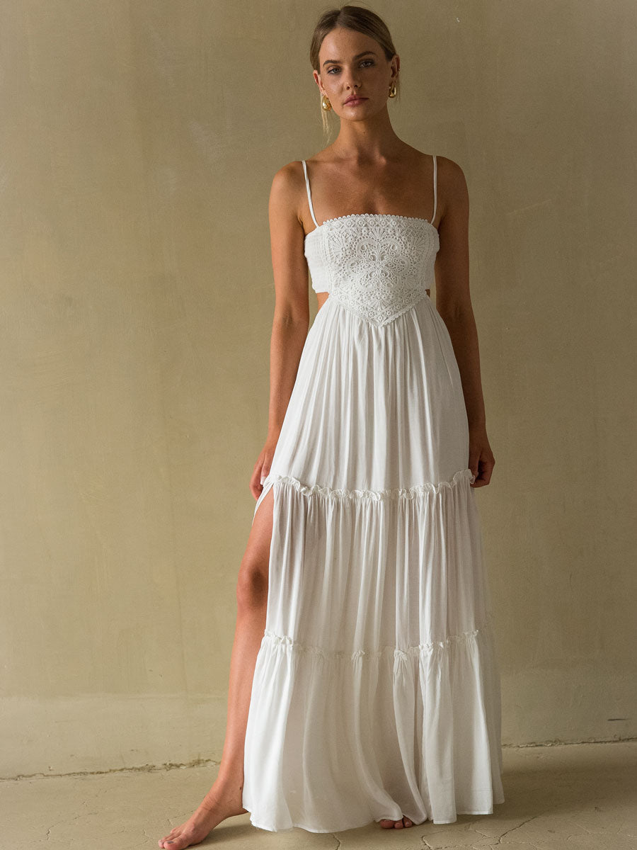 Lace Cutout Maxi Dress – Boho Wedding Guest Gown & Open Back Dress