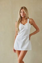 White Linen Sweetheart Mini Romper Dress – Chic Bridesmaid Bridal Party Outfit