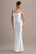 White Backless Cowl Neck Lace Insert Maxi Dress – Luxury Bridal Evening Gown