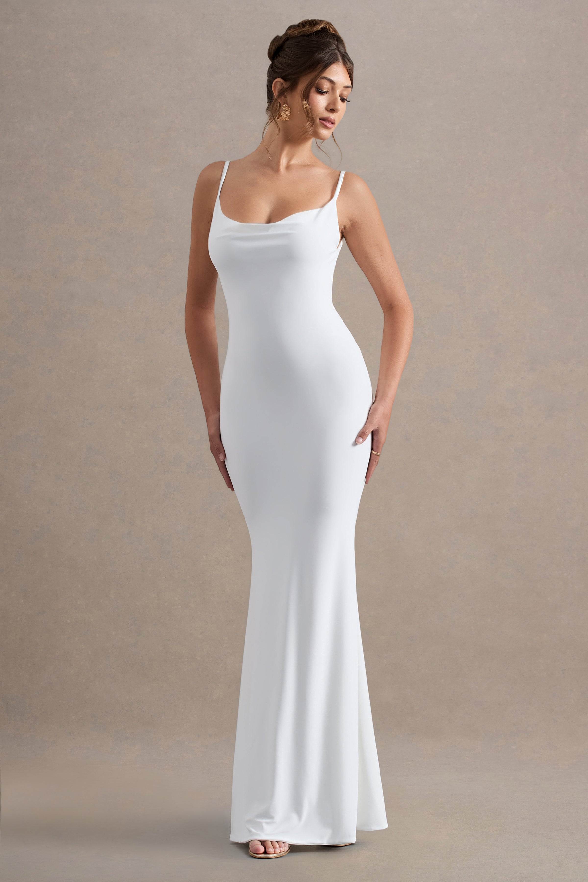 White Backless Cowl Neck Lace Insert Maxi Dress – Luxury Bridal Evening Gown
