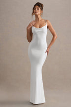 White Backless Cowl Neck Lace Insert Maxi Dress – Luxury Bridal Evening Gown