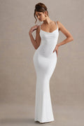 White Backless Cowl Neck Lace Insert Maxi Dress – Luxury Bridal Evening Gown