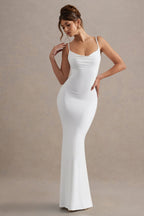 White Backless Cowl Neck Lace Insert Maxi Dress – Luxury Bridal Evening Gown