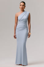 Powder Blue Asymmetric Ruched Maxi Dress – Elegant Wedding Guest Evening Gown