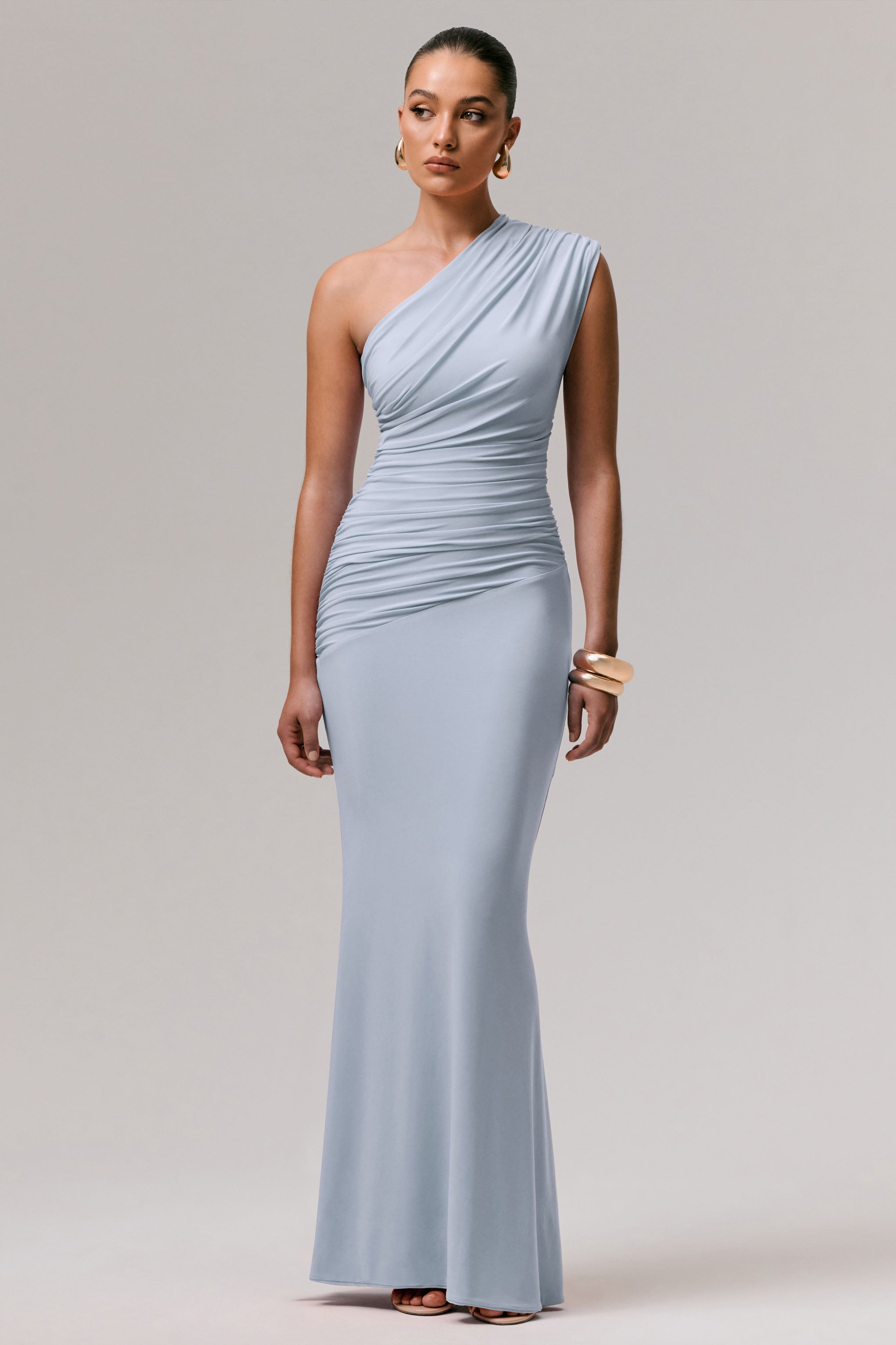 Powder Blue Asymmetric Ruched Maxi Dress – Elegant Wedding Guest Evening Gown