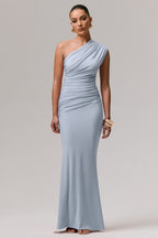 Powder Blue Asymmetric Ruched Maxi Dress – Elegant Wedding Guest Evening Gown