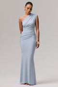 Powder Blue Asymmetric Ruched Maxi Dress – Elegant Wedding Guest Evening Gown