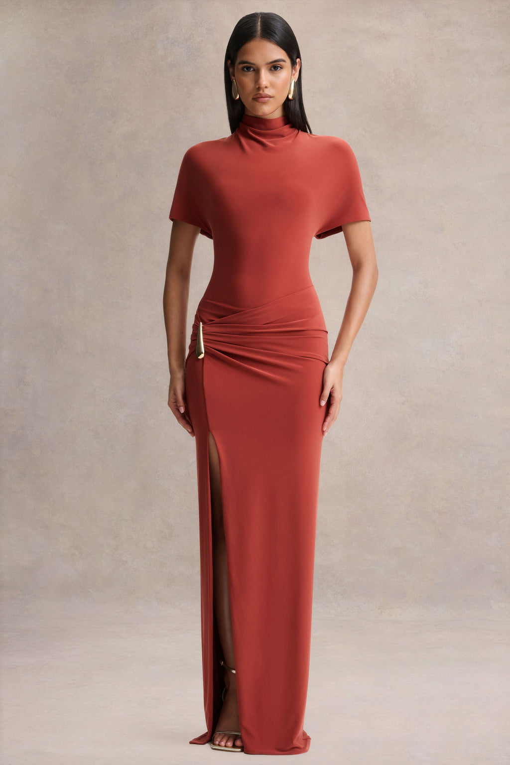 Rust High Neck Wrap Detail Maxi Dress – Glamorous Wedding Guest Evening Gown