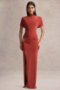 Rust High Neck Wrap Detail Maxi Dress – Glamorous Wedding Guest Evening Gown