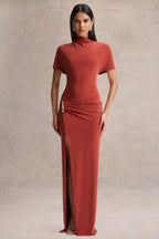 Rust High Neck Wrap Detail Maxi Dress – Glamorous Wedding Guest Evening Gown