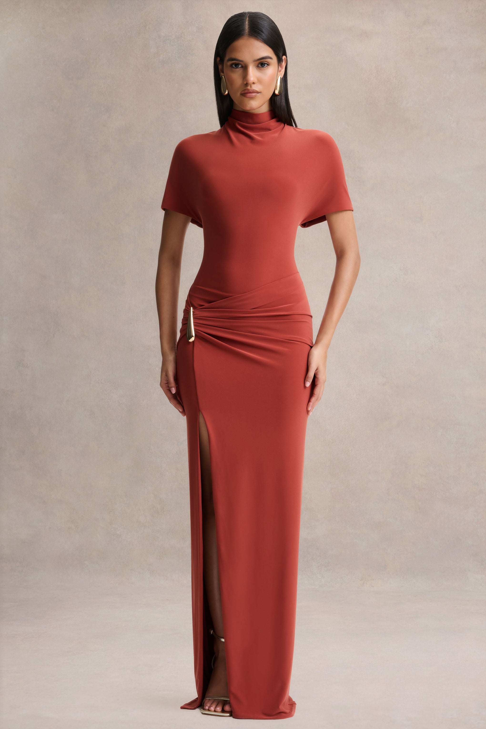 Rust High Neck Wrap Detail Maxi Dress – Glamorous Wedding Guest Evening Gown