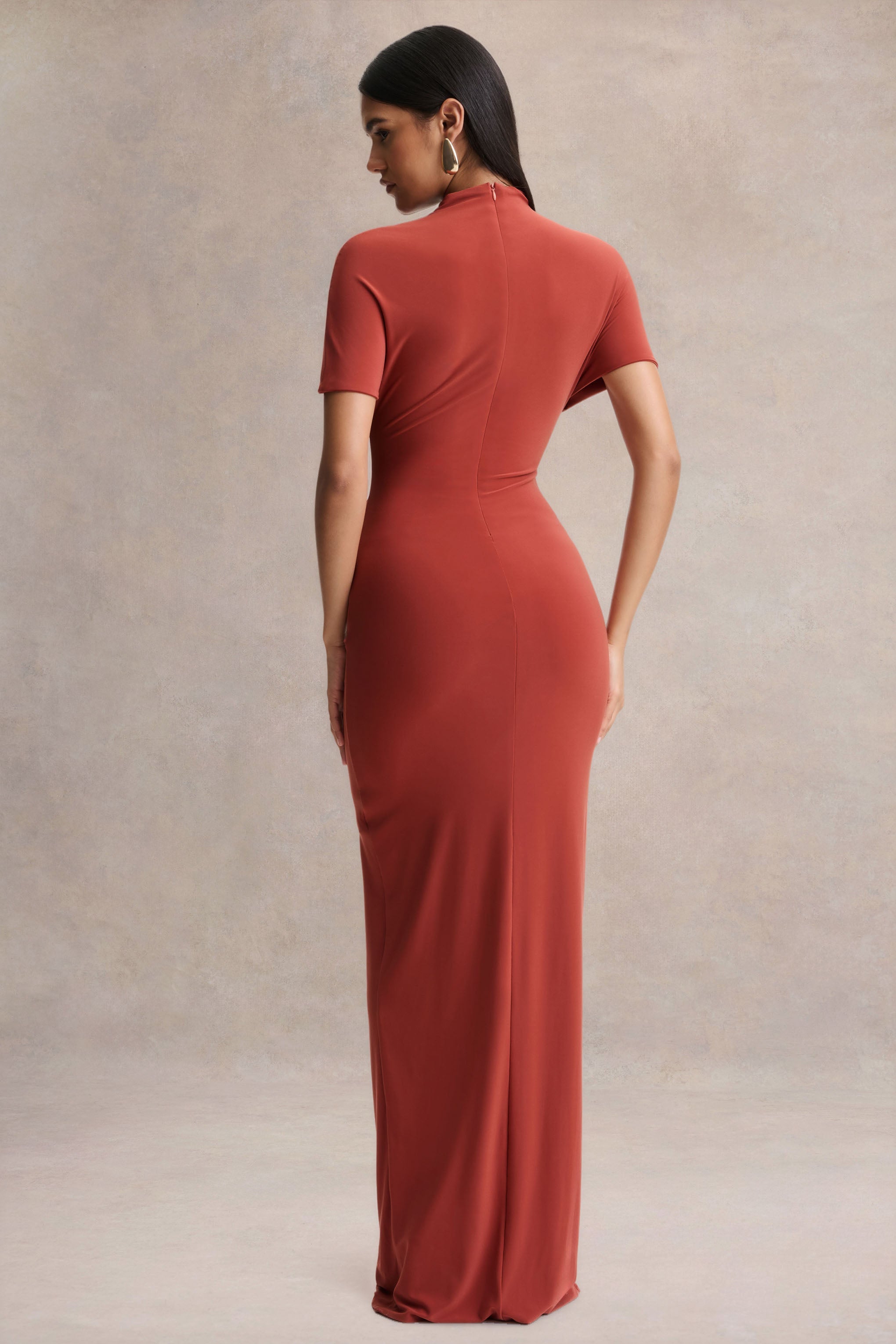 Rust High Neck Wrap Detail Maxi Dress – Glamorous Wedding Guest Evening Gown