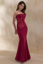 Burgundy Bandeau Embellished Maxi Dress – Luxury Wedding Guest Evening Gown