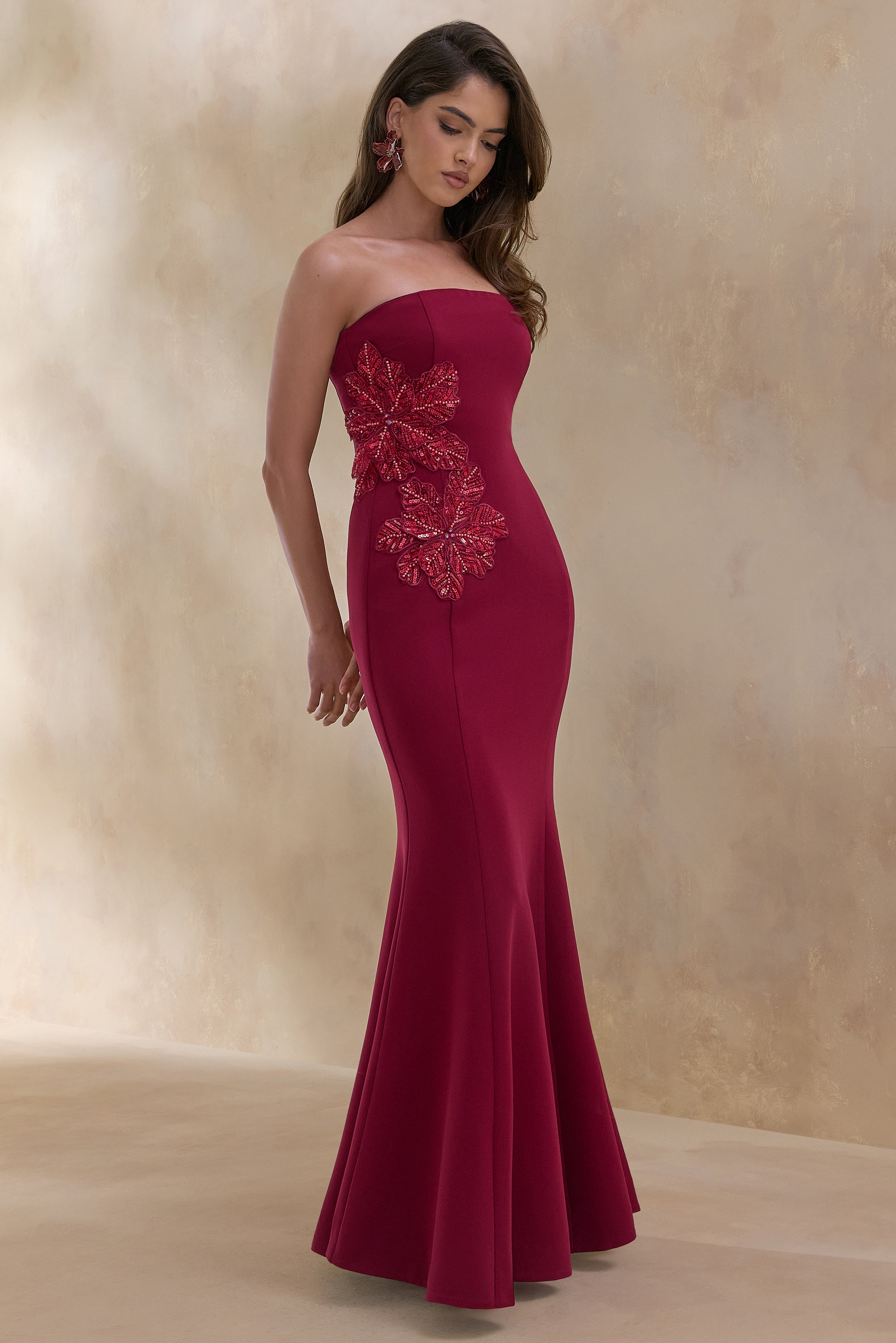 Burgundy Bandeau Embellished Maxi Dress – Luxury Wedding Guest Evening Gown