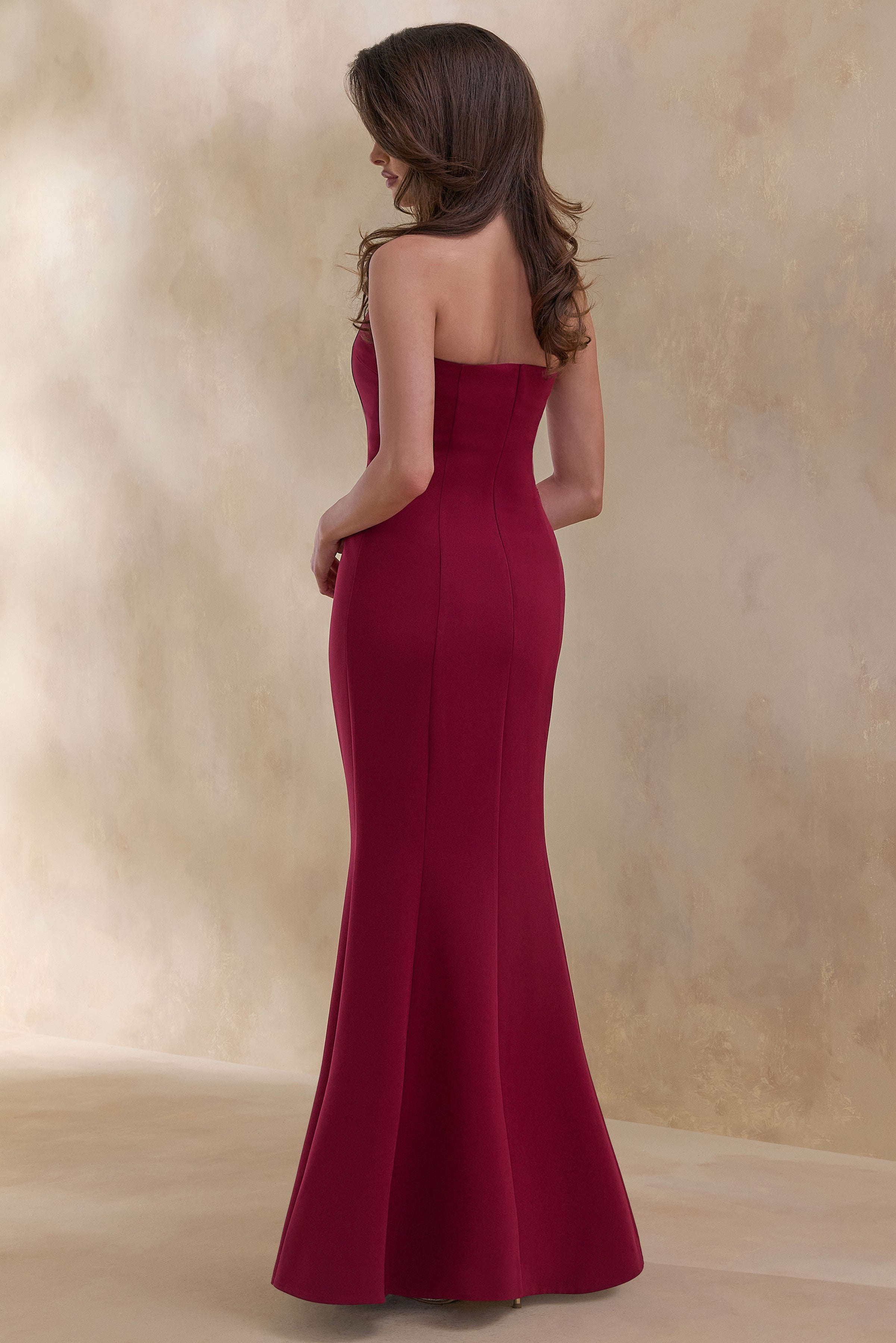 Burgundy Bandeau Embellished Maxi Dress – Luxury Wedding Guest Evening Gown