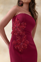 Burgundy Bandeau Embellished Maxi Dress – Luxury Wedding Guest Evening Gown