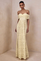 Lemon Lace Bardot Ruched Sash Maxi Dress – Romantic Wedding Guest Evening Gown