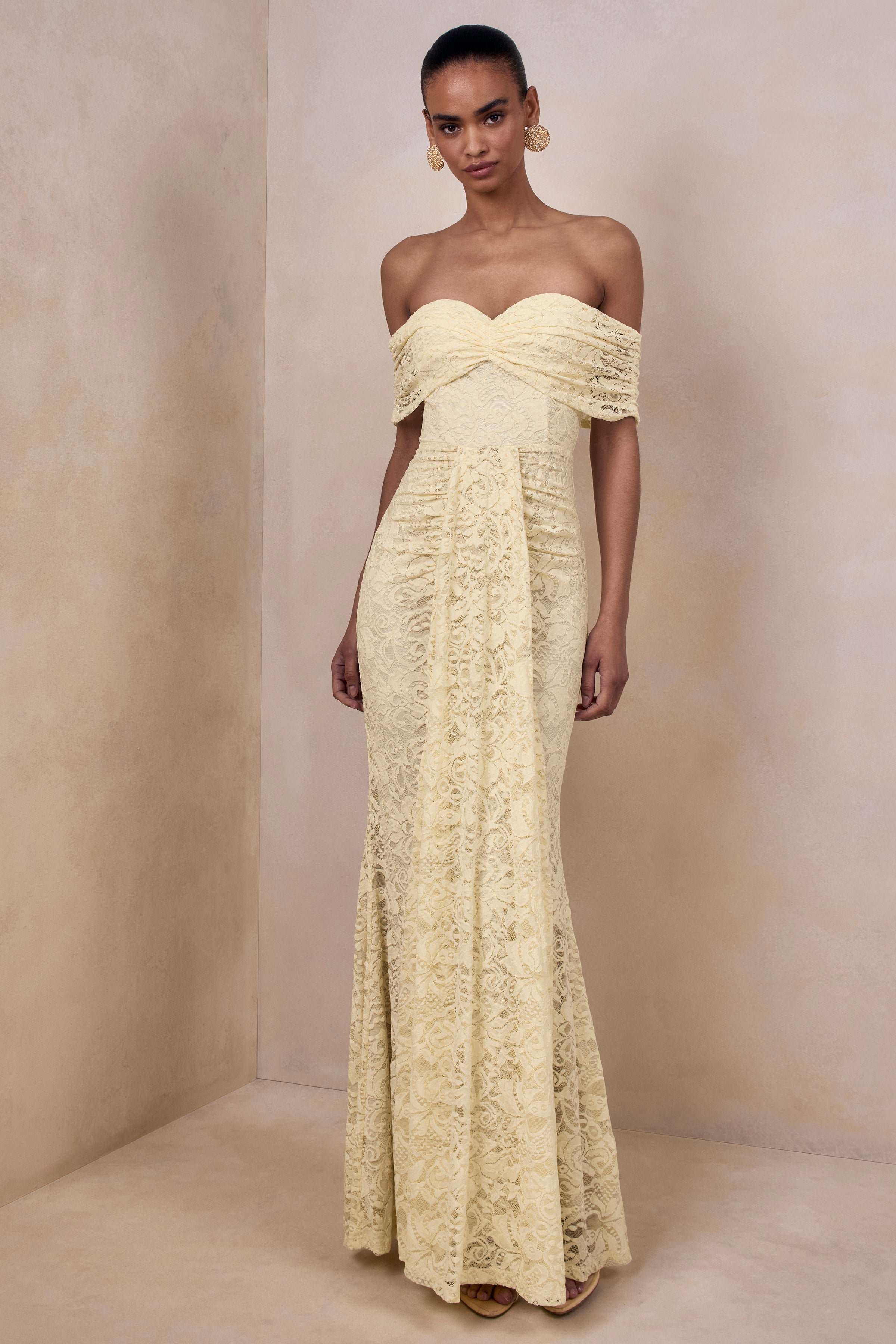 Lemon Lace Bardot Ruched Sash Maxi Dress – Romantic Wedding Guest Evening Gown
