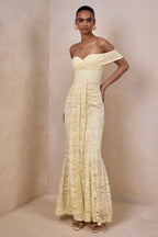 Lemon Lace Bardot Ruched Sash Maxi Dress – Romantic Wedding Guest Evening Gown