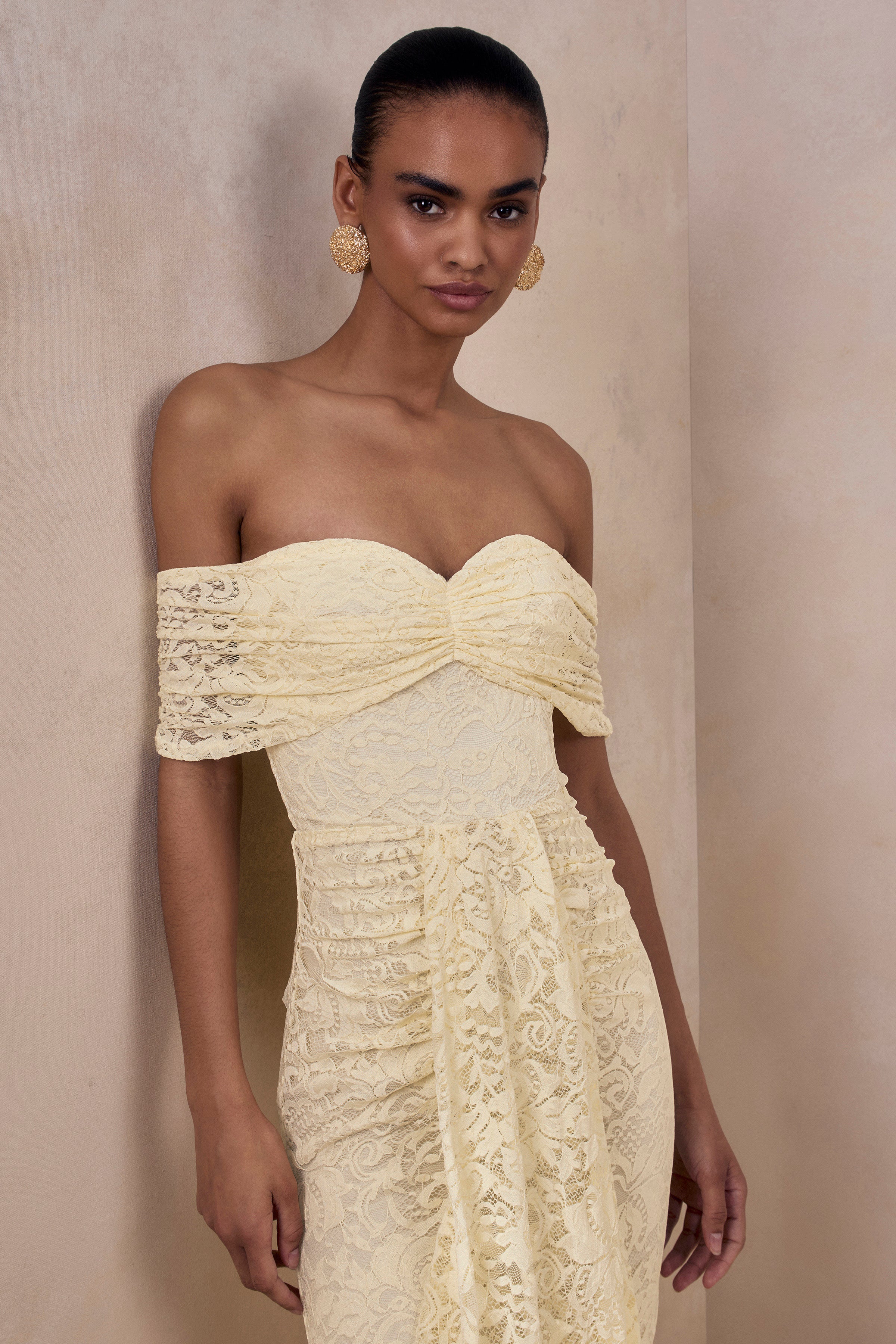 Lemon Lace Bardot Ruched Sash Maxi Dress – Romantic Wedding Guest Evening Gown