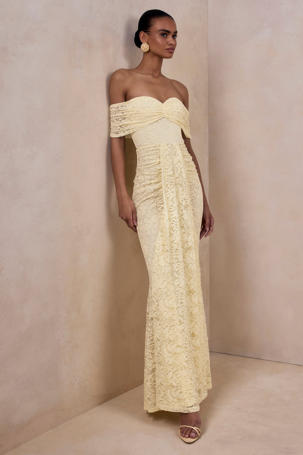 Lemon Lace Bardot Ruched Sash Maxi Dress – Romantic Wedding Guest Evening Gown