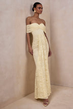 Lemon Lace Bardot Ruched Sash Maxi Dress – Romantic Wedding Guest Evening Gown