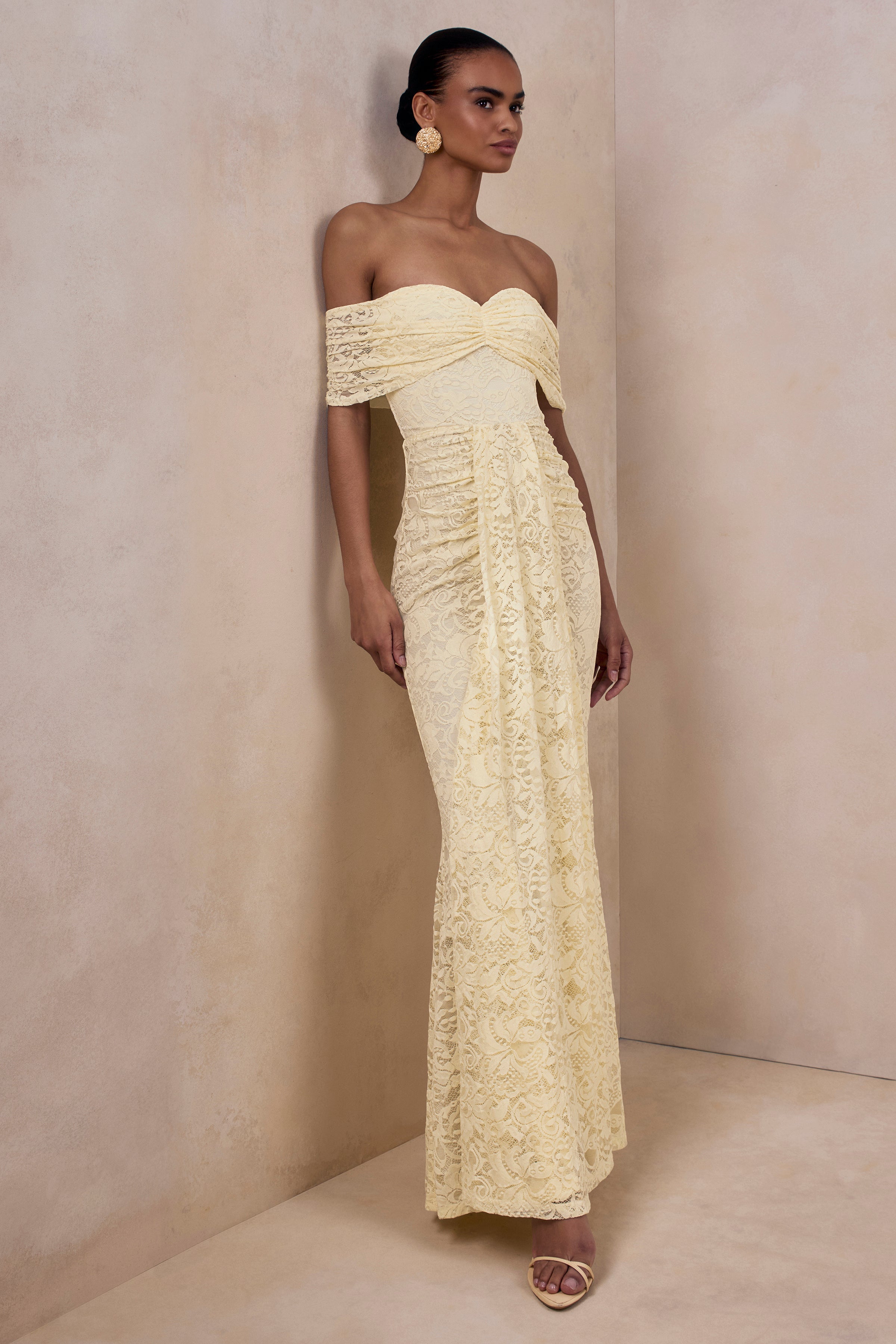 Lemon Lace Bardot Ruched Sash Maxi Dress – Romantic Wedding Guest Evening Gown