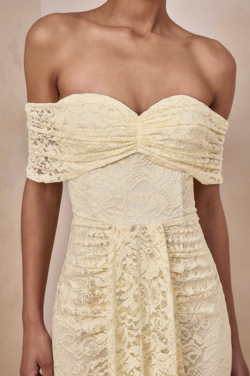 Lemon Lace Bardot Ruched Sash Maxi Dress – Romantic Wedding Guest Evening Gown