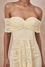 Lemon Lace Bardot Ruched Sash Maxi Dress – Romantic Wedding Guest Evening Gown