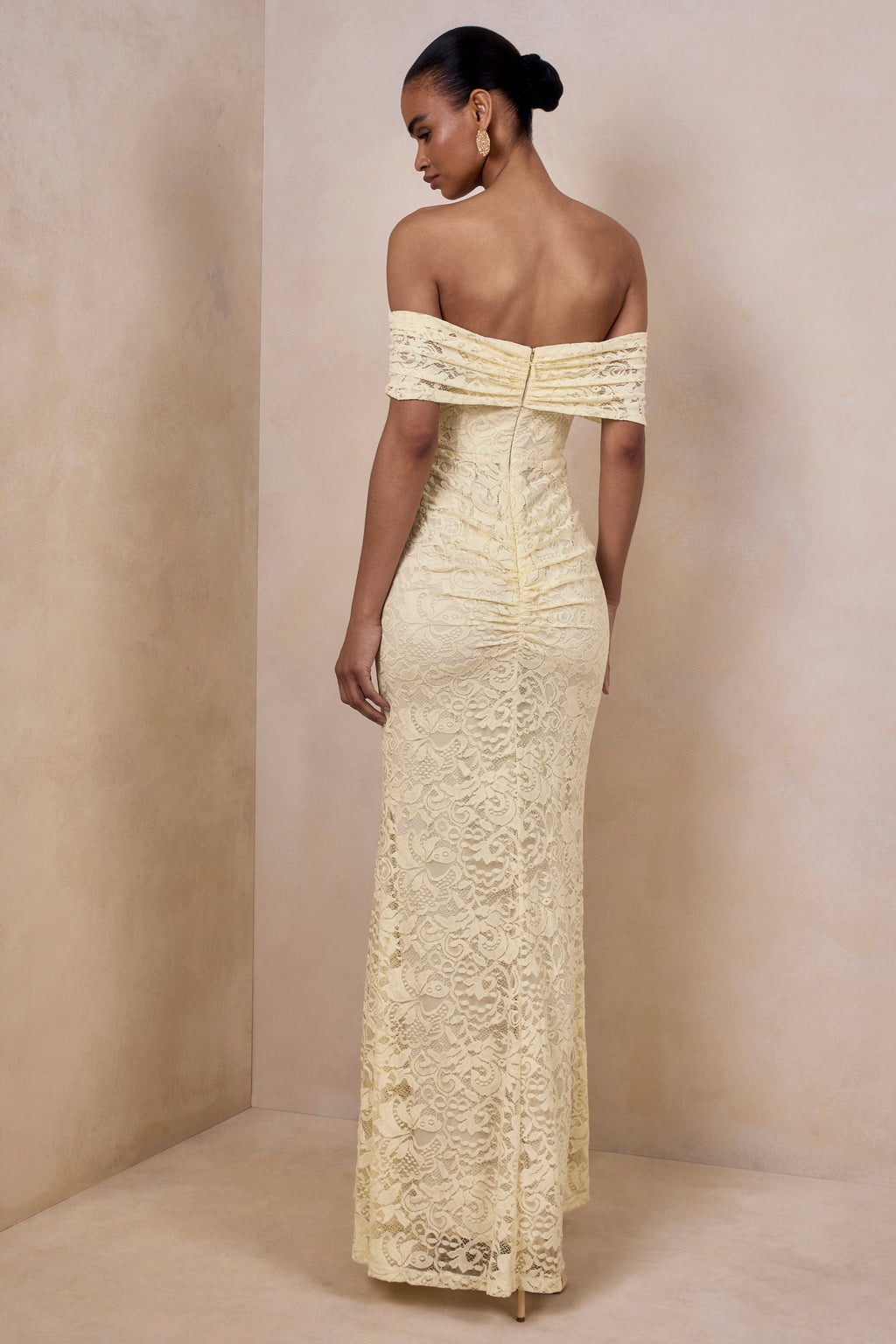 Lemon Lace Bardot Ruched Sash Maxi Dress – Romantic Wedding Guest Evening Gown