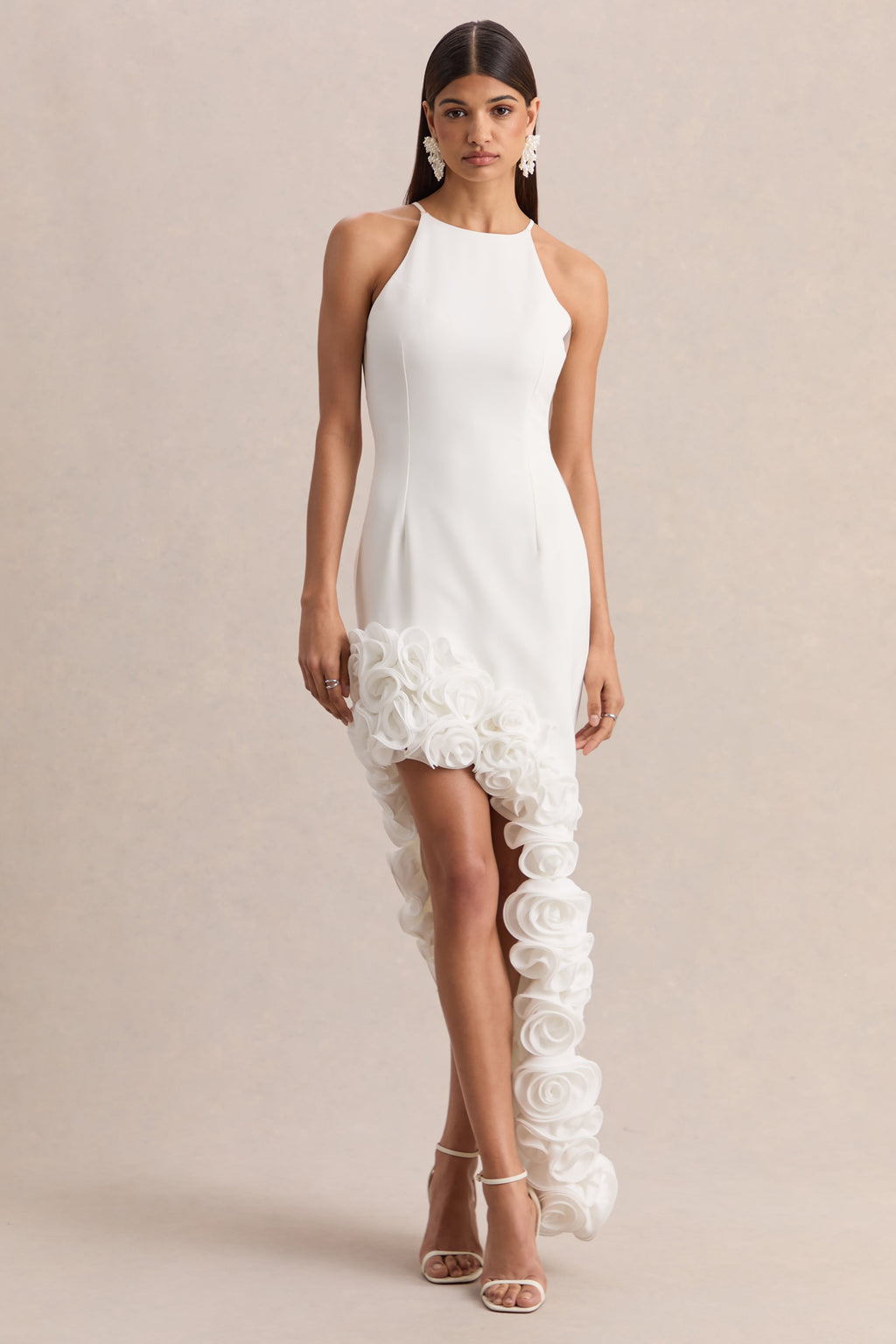 White Halterneck Asymmetric Floral Hem Maxi Dress – Elegant Wedding Guest Formal Gown