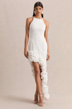 White Halterneck Asymmetric Floral Hem Maxi Dress – Elegant Wedding Guest Formal Gown
