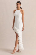 White Halterneck Asymmetric Floral Hem Maxi Dress – Elegant Wedding Guest Formal Gown