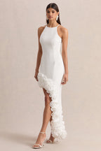 White Halterneck Asymmetric Floral Hem Maxi Dress – Elegant Wedding Guest Formal Gown