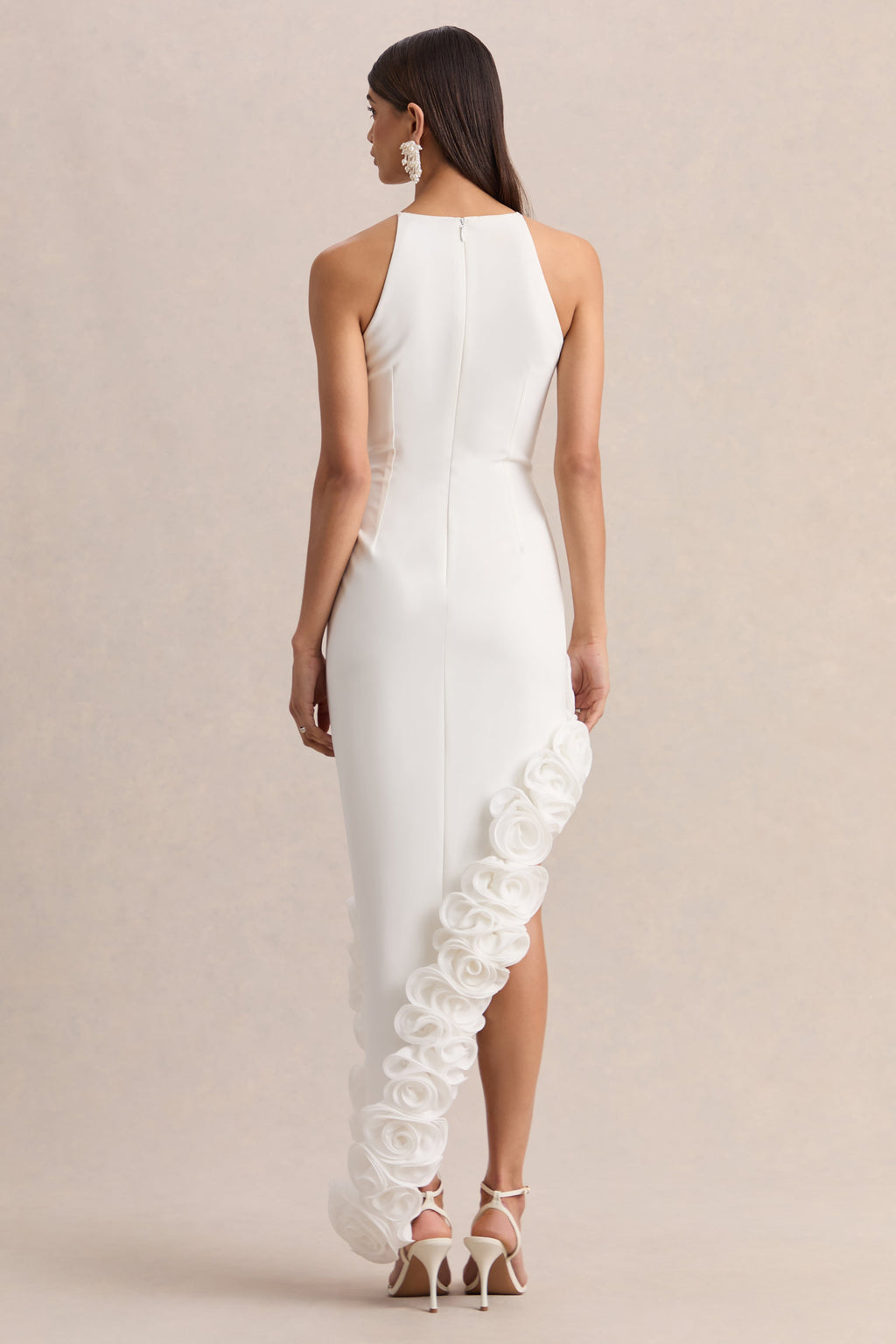 White Halterneck Asymmetric Floral Hem Maxi Dress – Elegant Wedding Guest Formal Gown