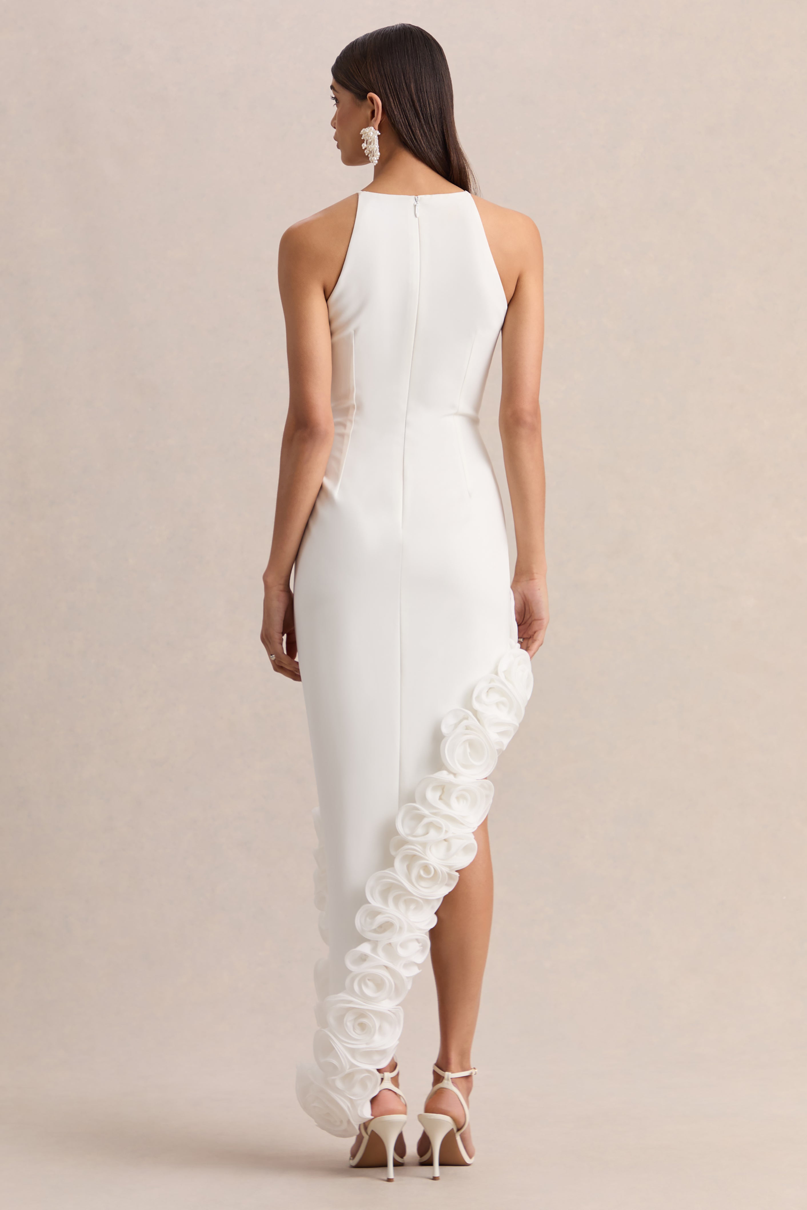 White Halterneck Asymmetric Floral Hem Maxi Dress – Elegant Wedding Guest Formal Gown